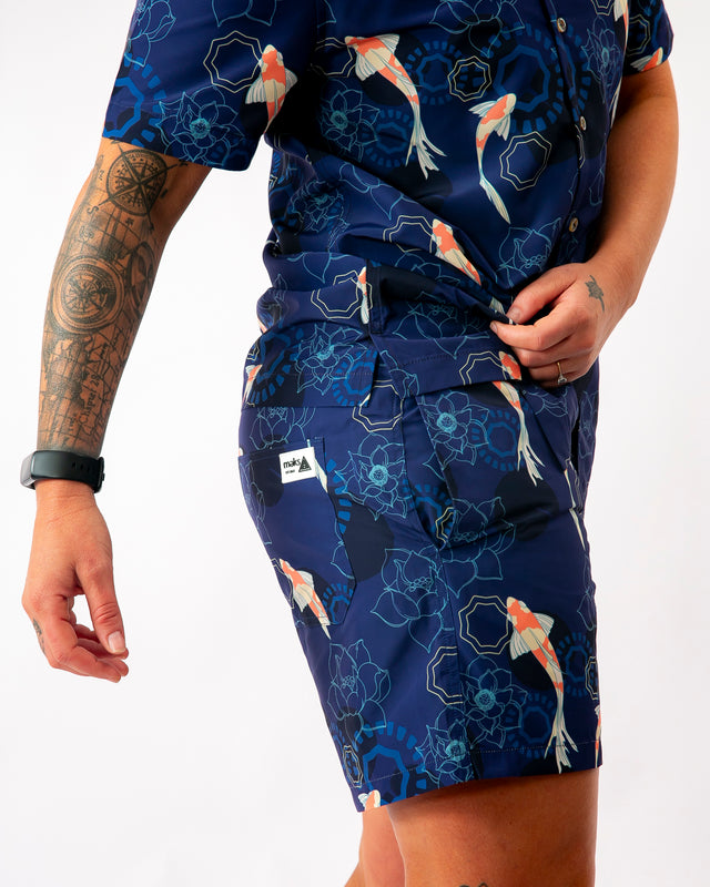 Blue Koi Print Resort Shorts - No credits or exchanges on sale items